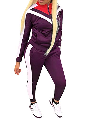 Womens Color Block Tracksuit 2 Piece Outfits, Casual Long Sleeve Full Zip Jacket and Pants Sport Set Sweatsuits (Purple, M)