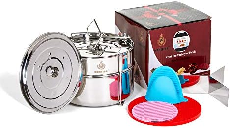Stackable Steamer Insert Pans with Sling | Stainless Steel Steamer for Pressure Cooker 5,6,8 Qt | Instant Pot Accessory – Interchangeable 2 Lids – 5 Bonuses; Silicone Mitt,Glove,washer Sponge,Divider