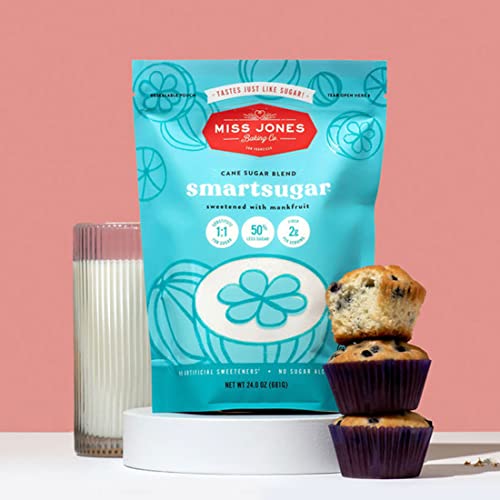 MISS JONES BAKING SMARTSUGAR – CANE SUGAR BLEND SWEETENED WITH MONKFRUIT – 1:1 HEALTHY SUGAR SUBSTITUTE, 50% LESS SUGAR, PLANT-BASED, NO ARTIFICIAL SWEETENERS, PALEO, GLUTEN FREE (PACK OF 1)