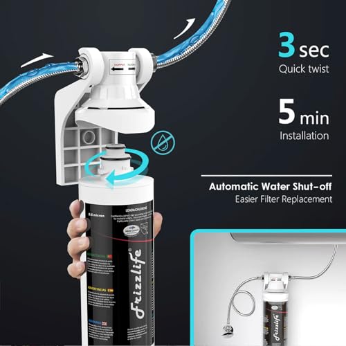 Frizzlife Under Sink Water Filter System-High Capacity Direct Connect Under Counter Drinking Water Filtration System-0.5 Micron Quick Change Removes 99.99% Lead, Chlorine, Bad Taste & Odour