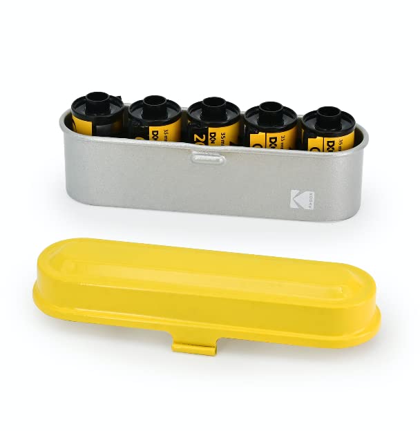 KODAK Film Case - for 5 Rolls of 35mm Films - Compact, Retro Steel Case to Sort and Safeguard Film Rolls (Yellow Top/Silver Body) (Film is not Included)