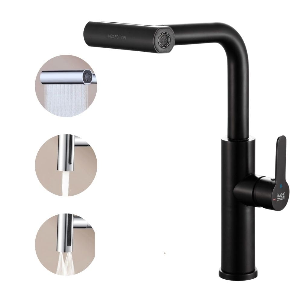 INEX EUROPA Stainless Steel Water Saving Kitchen Tap – Swivel Tap with 4 Functions Higher Efficiency – Elegant Kitchen Tap and Easy to Clean – 15 Year Warranty (Matte Black)