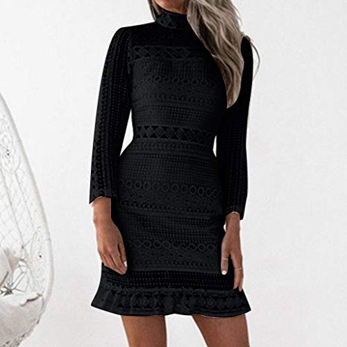 New in Respctful ♫♫Women's Floral Lace Crochet Hollow Out Long Sleeve Summer Bodycon Pencil Cocktail Party Mini Dress Black - Thumbnail 3