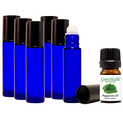 Greenhealth, Cobalt Blue, 10ml Glass Roll on Bottles (Pack of 6), with 5ml Greenhealth Peppermint Oil