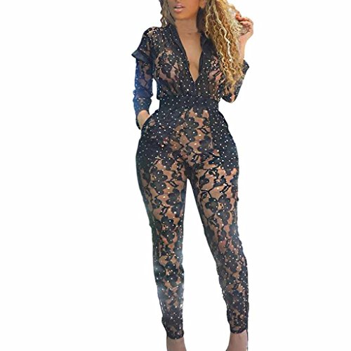 Hot Sale!Womens Sexy Romper,Lace See Through Mesh Long Pants Bodycon One Piece Jumpsuit Rompers Clubwear [ Overlay Nude Illusion Jumpsuit] (Black, Medium)