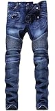 HerQueen Jeans Vintage Ripped Biker Classic Slim Pants Stretched Delim Blue