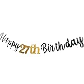 Happy 27th Birthday Banner Decoration, Black and Gold Happy 27th Birthday Banner Sign, 27th Birthday Party Decorations Supplies Pre-Strung