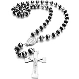 INBLUE Men,Women's Stainless Steel Rubber Pendant Necklace Silver Tone Black Virgin Mary Jesus Christ Crucifix Cross Rosary 26 Inch Chain