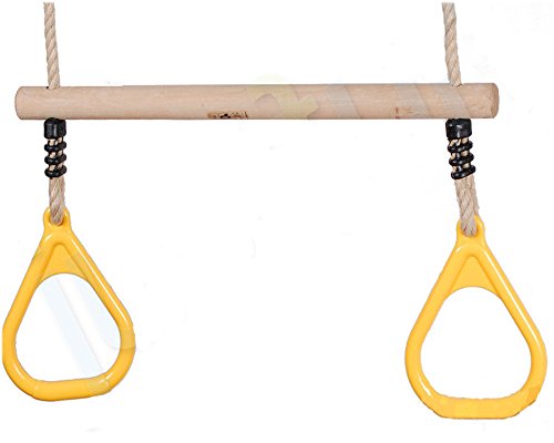 Wooden Trapeze with Plastic Triangular Gym Rings Yellow