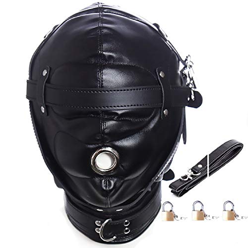 Leather Bondage Gimp Mask Hood, Black Full Face Blindfold Breathable Restraint Head Hood, Sex Toys, for Unisex Adults Couples, BDSM/LGBT Fetish Hood
