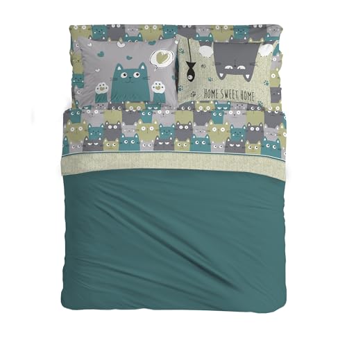 PENSIERI DELICATI Completo Letto Matrimoniale 100% Cotone, Completo Lenzuola Matrimoniali 180x200 Comprensivo di Lenzuolo sotto, sopra e 2 Federe, Made in Italy, Fantasia Happycat Verde