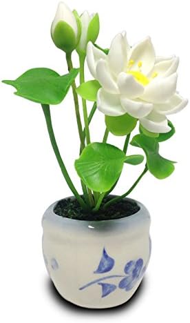 Miniature Tree White Lotus - Dollhouse Accessories Furniture Decoration, Real look Tiny Ornament, Novelty Figurine Mini Toy with Floral Painted Pottery Large 4.5โ x 1.5โ Dia Idea Cute gift.