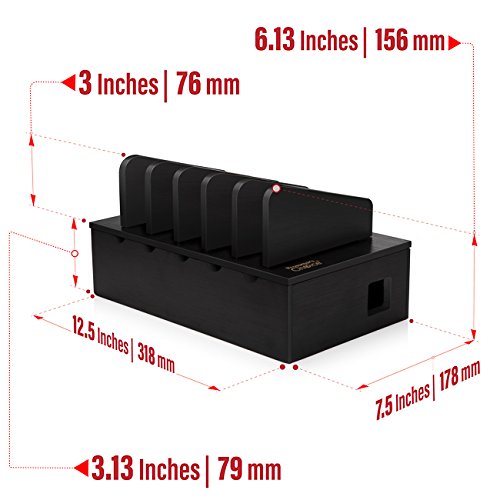 Prosumer's Choice Charging Station for Multiple Devices - 5 Device Charger Organizer for Smartphones and Tablets - Wooden Rack with Removable Dividers - Charging Dock for Work from Home - Black