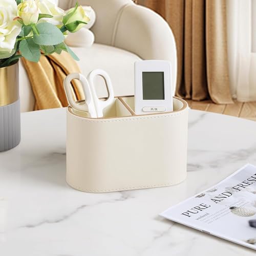PU Leather Pen Holders, 2-Compartment Pencil Holder, Small Desk Organizer for Remote Controls, Markers, Scissors, Office Supplies, Home, School, and Office Desk Accessories (Beige)