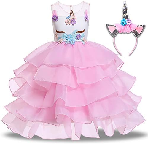 Baby Girl Unicorn Costume Dress Pageant Flower Princess Party Dresses with Headband Rainbow Tutu Skirt Birthday Wedding