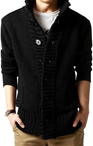 Ausmii Men's Urban Button-up Collared w Pocket Knit Warm Sweater (L, Black)