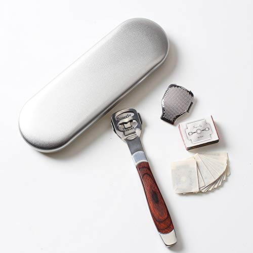 Foot Care Pedicure Callus Shaver by Connie Cona Dry Rough Skin Rasp Scraper Callus Remover Corn Cutter Wood Handle (Tin Box Pack with 10Pcs Shaving Blades)