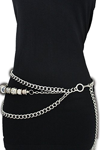 TFJ Women Fashion Belt Side Hip Waist Big Beads Chunky Metal Chain Links Silver S M L
