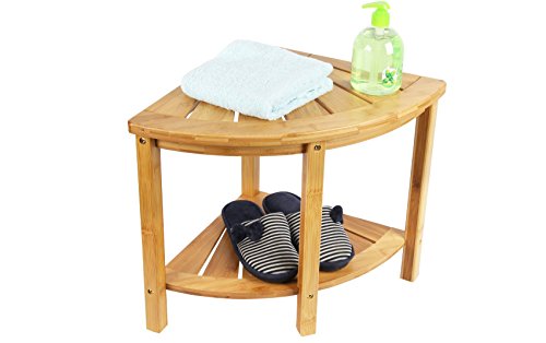 Corner Shower Bench & Seat & Stool With 2-Tire Storage Shelf, Durable & Stable Indoor and Outdoor Bench with 100% Bamboo- by Ecobambu