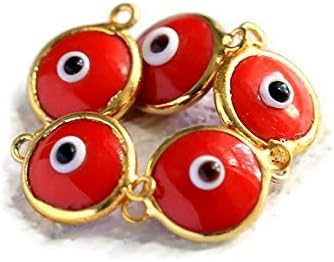 Evil Eye, Red Glass Evil Eye Connector Charm, 24k Gold Plated, Set of 5 EE043
