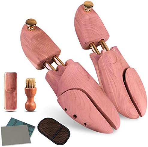 Wellnice シューキーパー シューツリー 高級レッドシダー 24.5-29cm対応 ブラシ・ムートン靴磨きクロス・サンドペーパー・靴べら付 高級レッドシダー 繋がる木紋 シワ伸ばし 型崩れ防止 調湿・脱臭・殺菌抗菌・香り Ｍサイズ（26-29 cm）