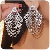 Octwine Boho Women Bridal Silver Rhinestone Earrings Sparkly Rhinestone Chandelier Dangle Drop Tassel Earrings Statement Silver Earrings Teardrop Dangle Earrings for Women