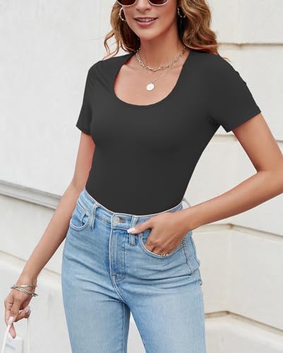 JSQTYSL WOMENS SHORT SLEEVE SCOOP NECK TOPS CASUAL SLIM FITTED BASIC SHIRTS (BLACK,L)