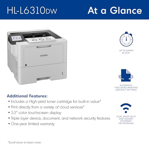 Brother HL-L6310DW Enterprise Monochrome Laser Printer with Low-Cost Printing, WirelessNetworking, and Large Paper Capacity, Works with Alexa
