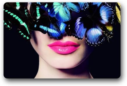 Doormat Women Lipstick Blue Butterfly Indoor/Outdoor/Front Door/Bathroom Mats Floor Mat 23.6"(L)x15.7"(W) 3/16"