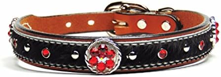 American River Tack 1" Wide Genuine Chestnut Leather Swarovski Rhinestone Bling Collar with Black Cowhide, Size 16"-18", Light Siam