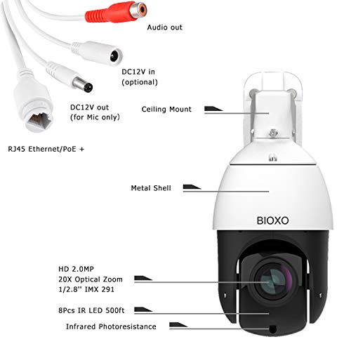 Bioxo 1080P Auto Tracking Outdoor Pan Tilt Zoom Security Camera , 20X Optical Zoom IP PoE+ High