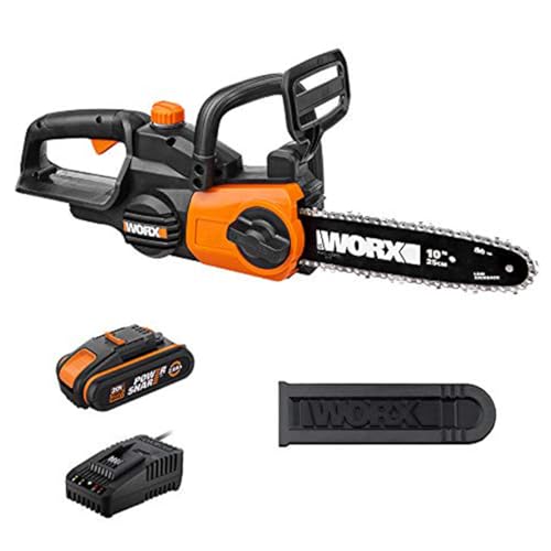WORX Motosega a batteria WG322E.1, 18 V (20 V max), 2,0 Ah, PowerShare, lunghezza di taglio 25 cm e tensione automatica della catena, copertura per il trasporto, caricatore rapido 1 ora