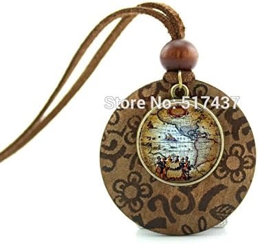 Pretty Lee New Design Glass Cabochon Dome Jewelry Old World Map Necklace Explorers Globe Pendant Wood Necklace