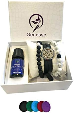 GENESSE Essential Oil bracelet gift set. Set includes Leather diffuser stainless steel bracelet, Distance, Friendship Natural Stone Bead Bracelets, Lavender Oil and Color Pads. (Black)