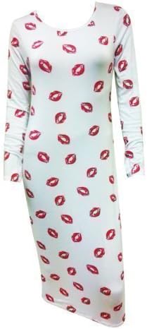 XpoZed Moda Women's Long MIDI White with RED Lips Print Dress