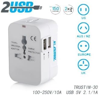 Trustin Universal Adaptor Worldwide Travel Adapter with Built In Dual USB Charger Ports All-in-one Chargers 100-240V Surge/Spike Protected Electrical Plug (White)