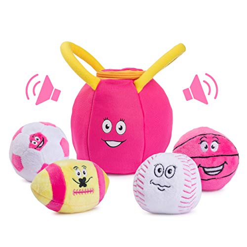 Plush Creations Gym Plush Bag with 4 Talking Soft Plush Balls. Gym Set Includes Plush Gym Bag Plush Basketball Plush Baseball Plush Soccer Ball and Plush Football. Great Baby and Toddler Gift