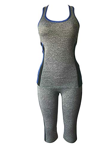 Women Gym Yoga Workout Activewear Set 2 Pieces Top+Leggings Set Sportswear (S/M = US 4-8, Mesh Blue/Grey)