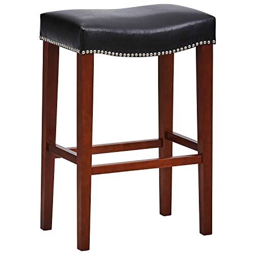 Ravenna Home Faraday Saddle Nailhead Bar Stool, 30.5"H, Black Faux Leather Kitchen