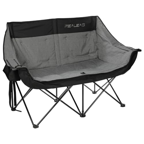REALEAD Double Camping Chair - Heavy Duty Oversized Camping Couch for Adults Support 650 lbs - 2 Person Camping Chair with Cooler Bags - Padded Camping Loveseat for Outdoor Lawn Sports
