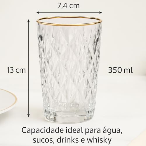 Conjunto 6 Copos de Vidro Lapidado com Borda Dourada, Fio de Ouro – 350 ml | Copos Elegantes para Água, Sucos e Drinks Sofisticados