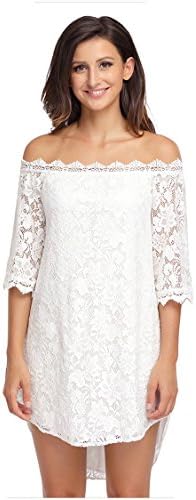 Designer97 Elegant Women's Off Shoulder Short / Long Sleeve Wedding Party Lace Dress Plus Size (Small, White/Asymmetric Hem)