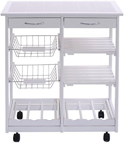 White Rolling Wood Kitchen Trolley Cart Island Shelf With Storage Drawers Baskets