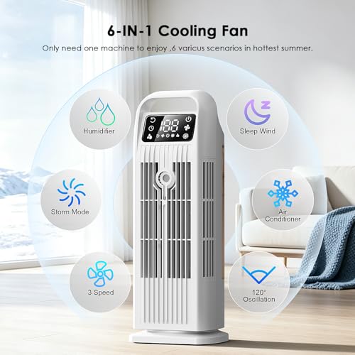 6 in 1 Mobile Air Conditioner, Quiet Portable Air Conditioner with Air Cooler 1200ml, 120°Oscillation, 1-12H Timers, 4 Speed, Touch Keys and Remote Control (Cool White)