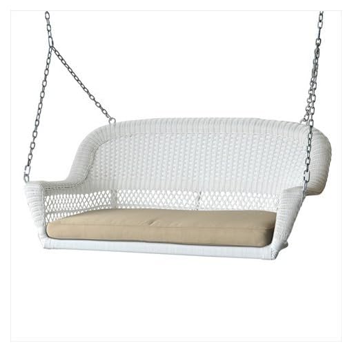 Jeco White Resin Wicker Porch Swing with Tan Cushion Beachfront Decor