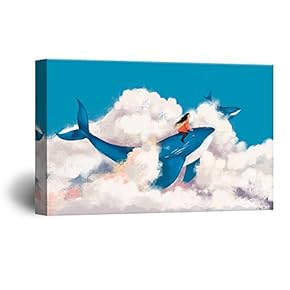 Hand Drawing Style Mystical Girl Flying with Blue Whales Above The Clouds Gallery 12x18 inches