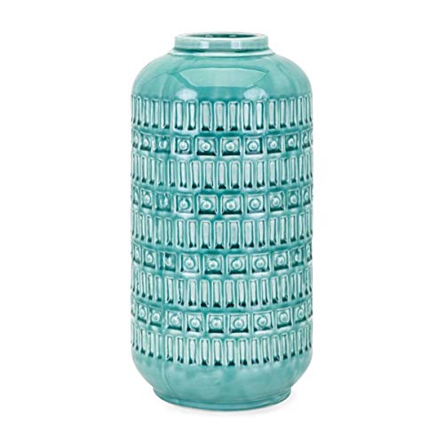 Handcrafted Cylinder Vase Teal Embossed Surface Design Shelf Table