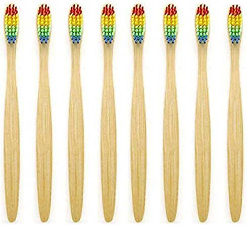 CUHAWUDBA Natural Bamboo Toothbrush Made with Rainbow Nylon Infused Bristles in Recycled Biodegradable Packaging (8 Counts)