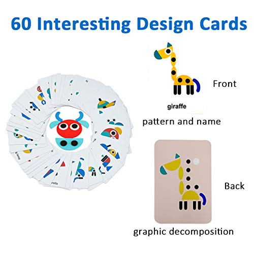 Wooden Pattern Blocks Animals Jigsaw Puzzle Sorting and Stacking Games Montessori Educational Fun Shape Tangram Toys for Toddlers Kids Boys Girls Gifts (36 Shape Pieces& 60 Design Cards in Iron Box)