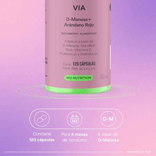 WU Nutrition VIA | D-Manosa con Extracto de Arándano Rojo (PACs) | Probióticos y Prebióticos (LactoWise®) | Vitamina C y Zinc | Salud para el Tracto Urinario | 120 Cápsulas | 4 meses de consumo